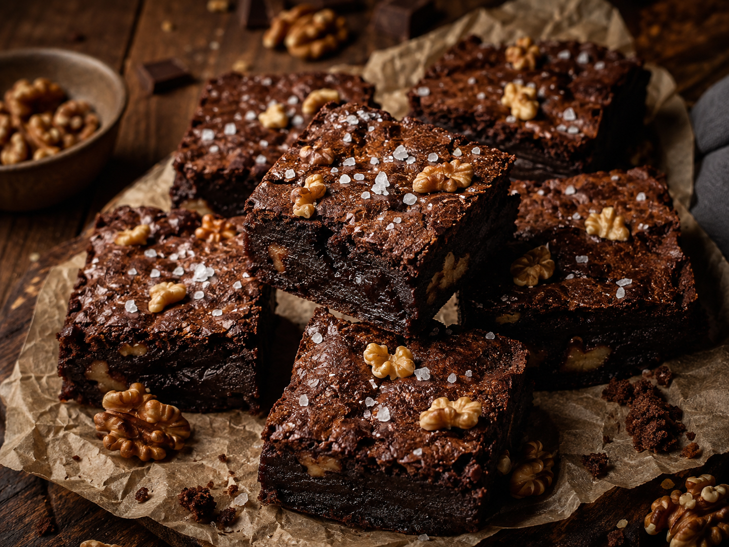 Kladdiga brownies med valnötter och flingsalt