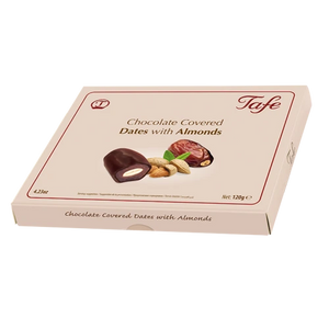 Dadlar med mandel täckta med choklad